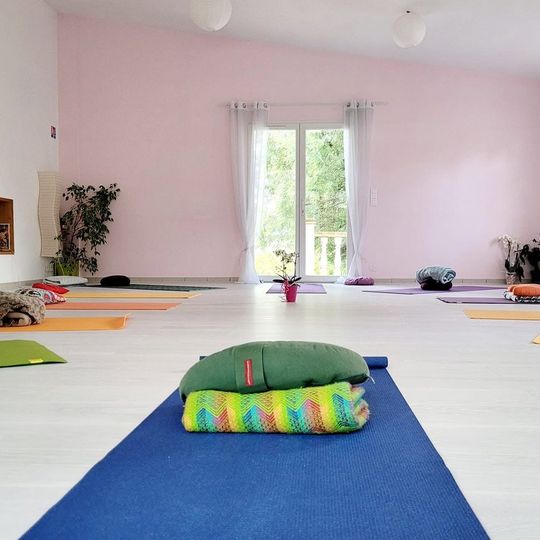 Vue d'ensemble de la salle de yoga, tapis et coussins installés